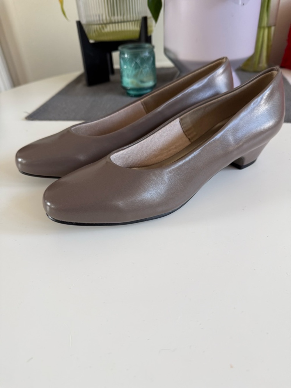 Soft Style Taupe Low Block Heel Pumps